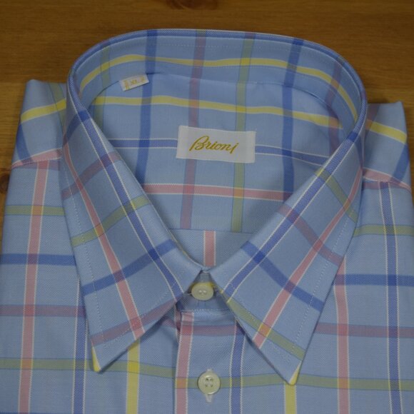 $950 NEW BRIONI DRESS SHIRT BLUE SALMON PINK PLAID CHECK HAND MADE XL 43 17 - Picture 9 of 11